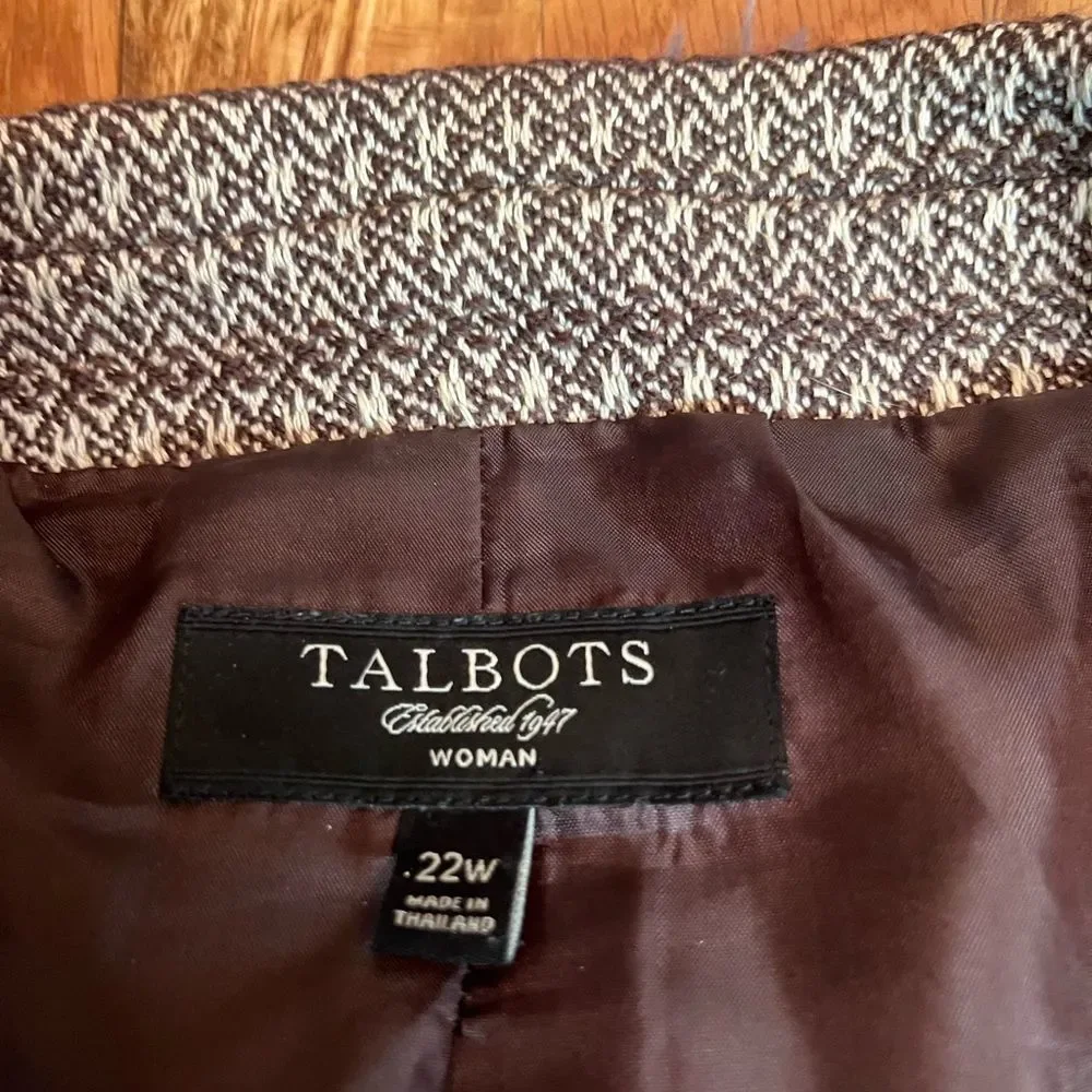Talbots Tweed Brown Ivory Lined Wool Blend Blazer Jacket Size 22W Workwear
